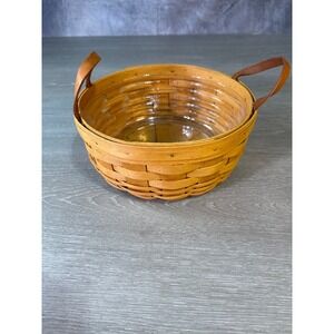 Longaberger Baskets Handwoven Round Basket Leather Handles & Clear Liner 1997